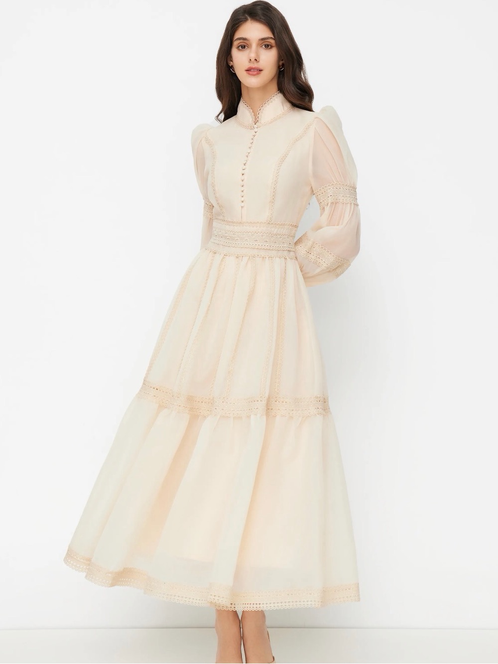 Cider Cream Puff-Sleeve Lace-Trim Midi Dress